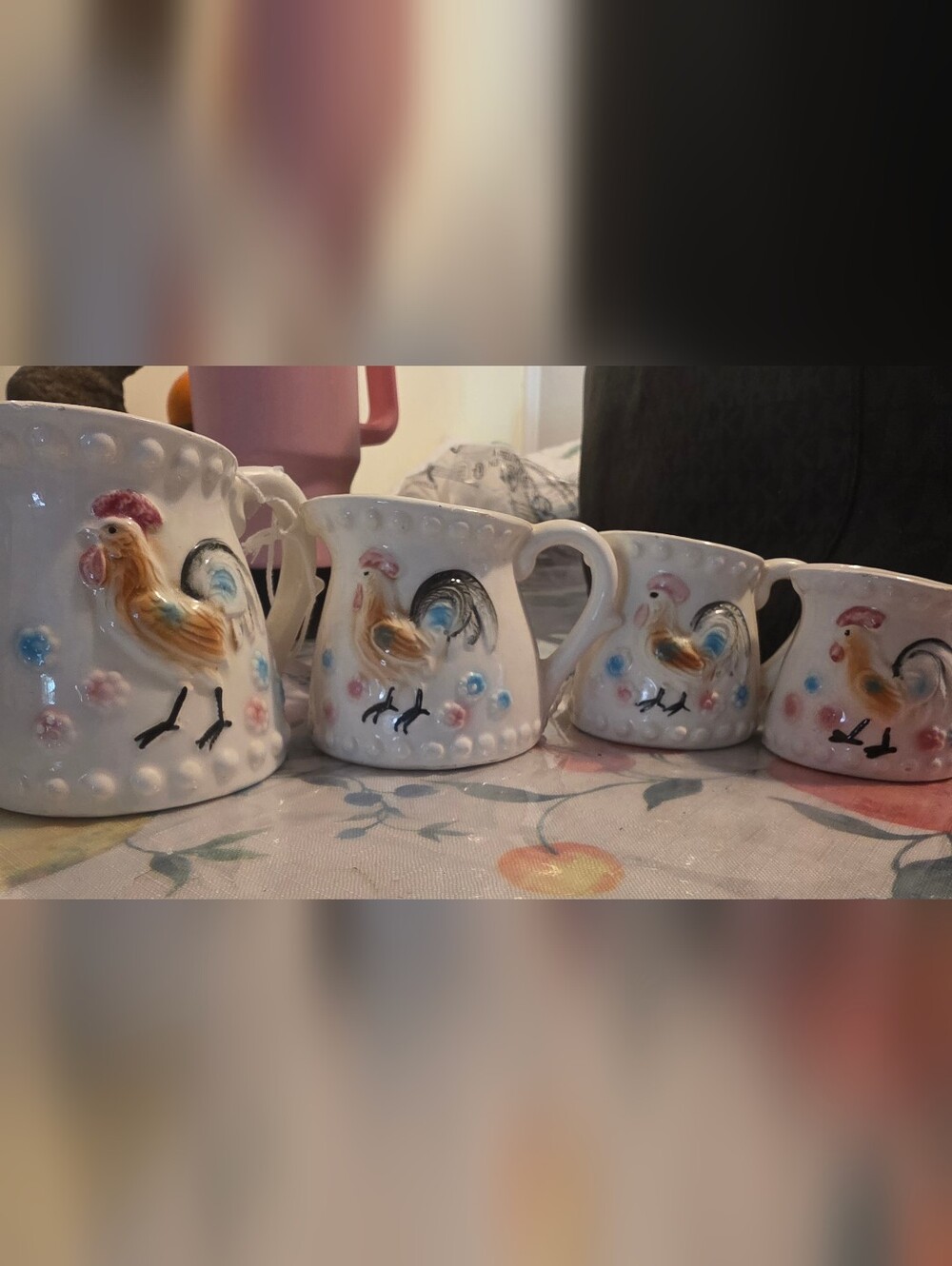 Vintage 1960’s Rooster 4 Ceramic Measuring Cups Made In Japan. Rare Full Set.